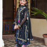 Emb Upper(Net Open Shirt)/Panel Raw Silk Frock with Flared Trouser/Dupatta (DGFS2-10)