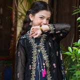 Emb Upper(Net Open Shirt)/Panel Raw Silk Frock with Flared Trouser/Dupatta (DGFS2-10)