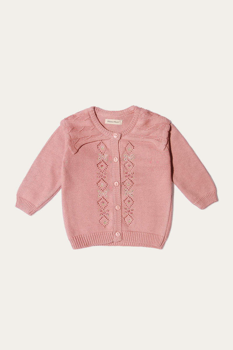 Cardigan Crocheted Sweater With  Colla - Soft Cotton | Tea Pink - Best Kids Clothing Brands In Pakistan Online|Minnie Minors