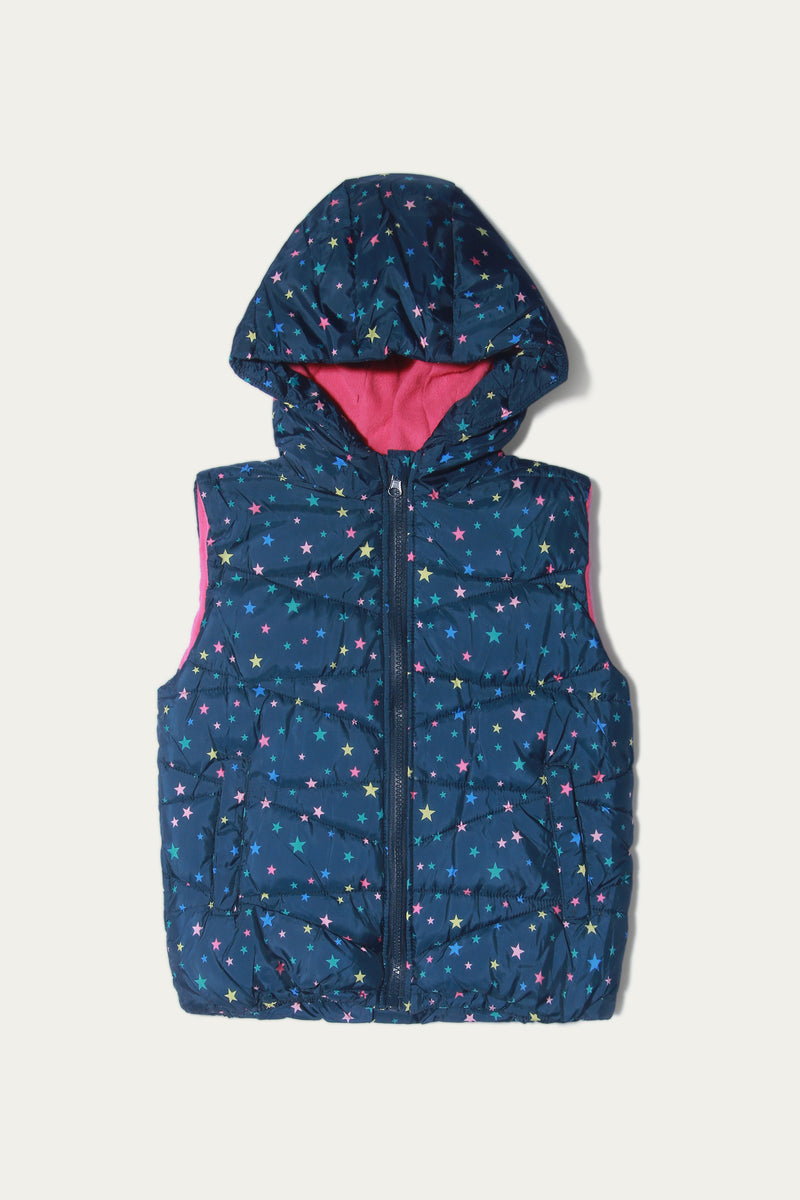 Sleeveless Printed Jacket With Hood - Soft Polyester | Navy - Best Kids Clothing Brands In Pakistan Online|Minnie Minors