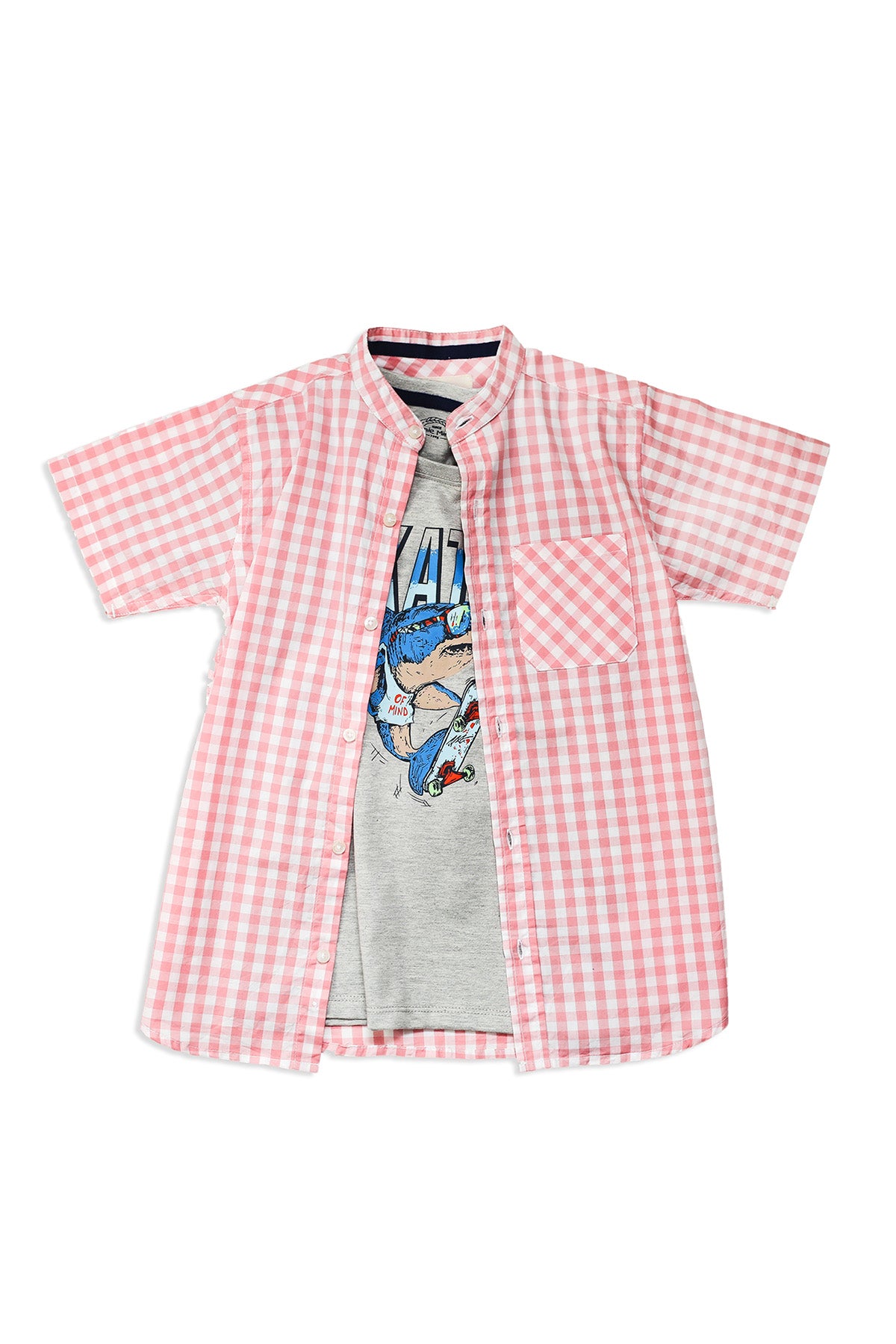 Short Sleeve Checkered Shirt With Graphic T-Shirt And Shorts (SST-137)
