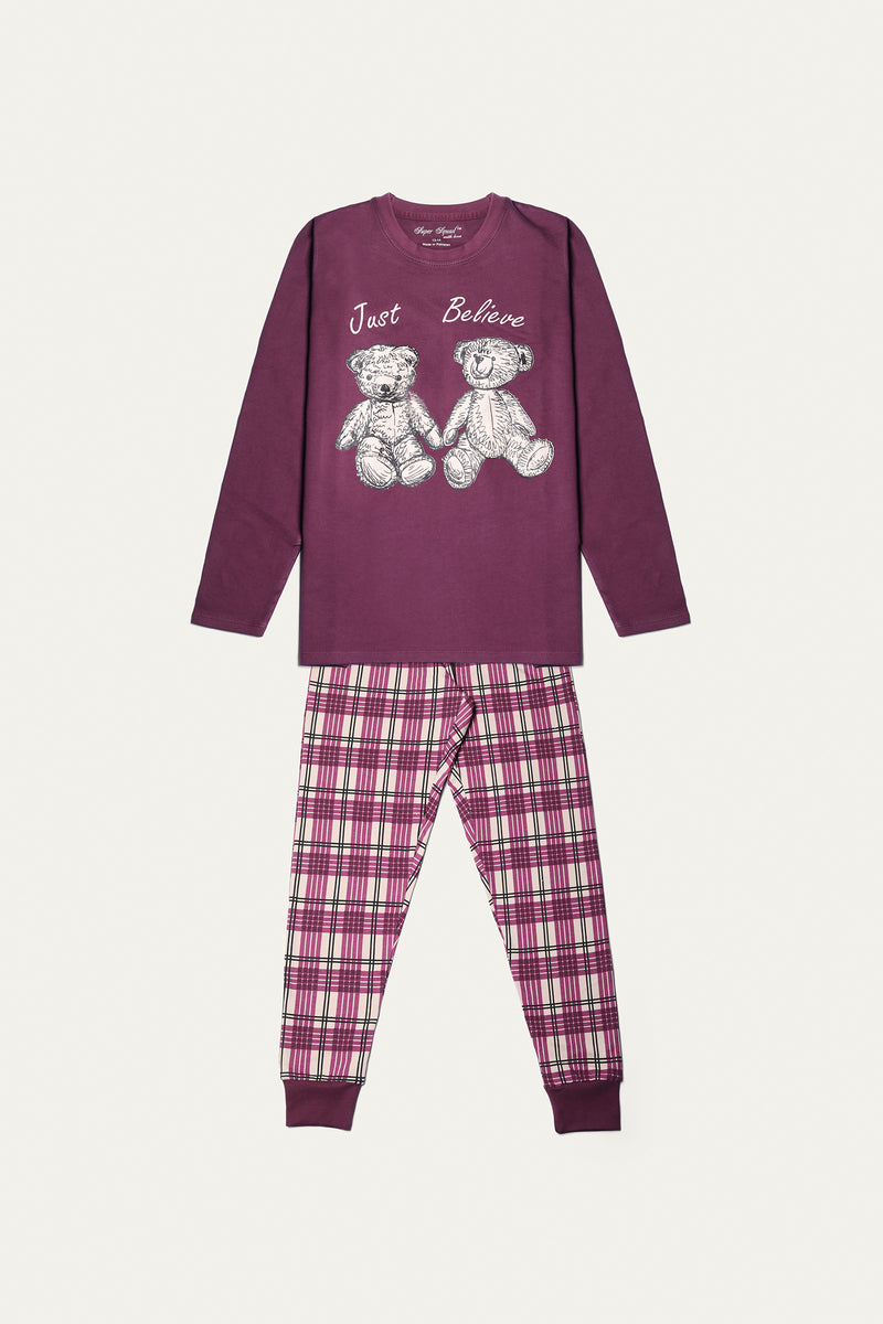 Graphic Crewneck T-Shirt With Check Print Pajamas - Soft Terry | Assorted - Best Kids Clothing Brands In Pakistan Online|Minnie Minors