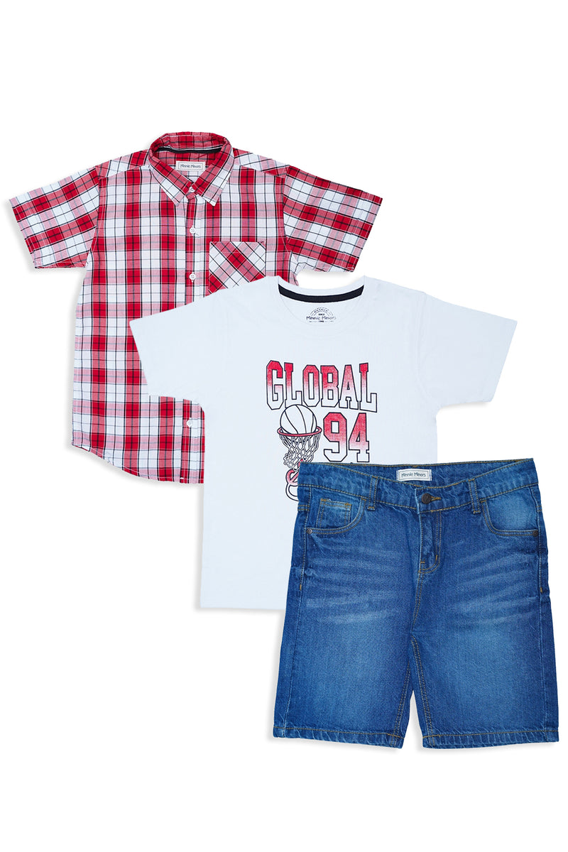 Short Sleeve Checkered Shirt With Graphic T-Shirt And Shorts (SST-139)