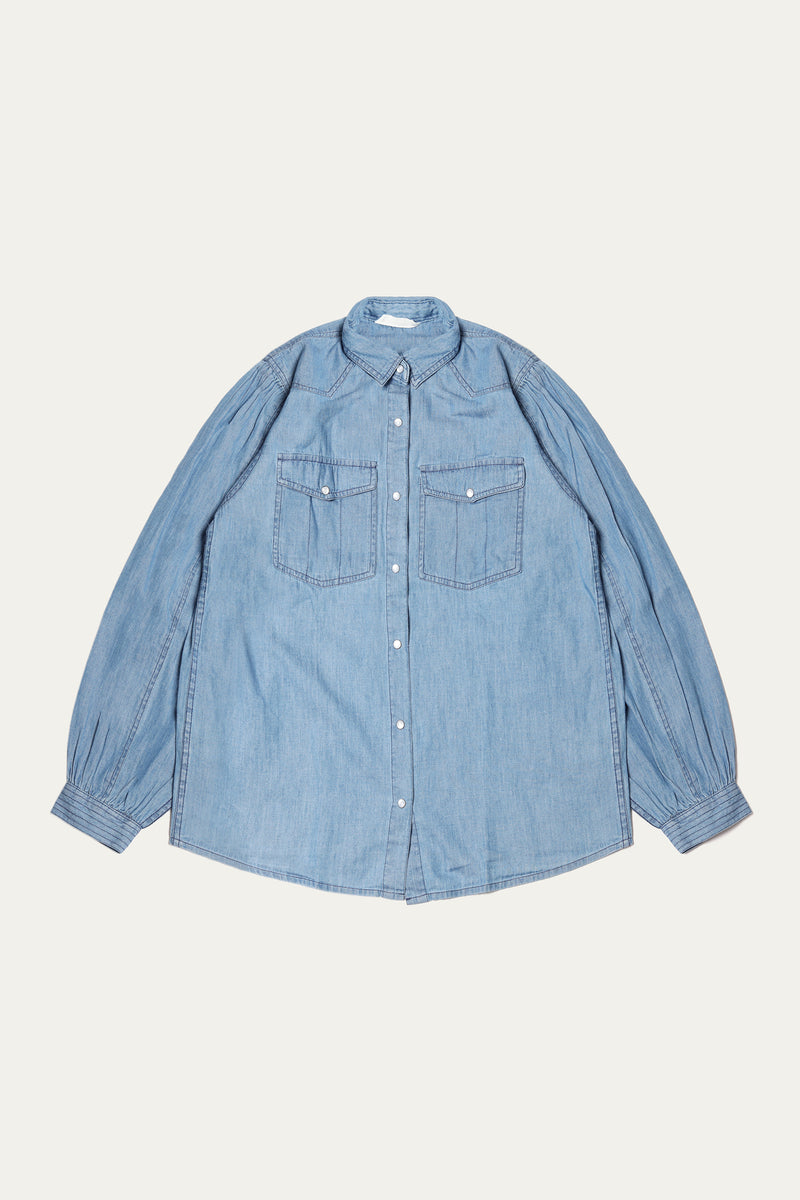 Button Down Shirt With Puff Sleeve - Soft Denim Washed | Mid Blue - Best Kids Clothing Brands In Pakistan Online|Minnie Minors