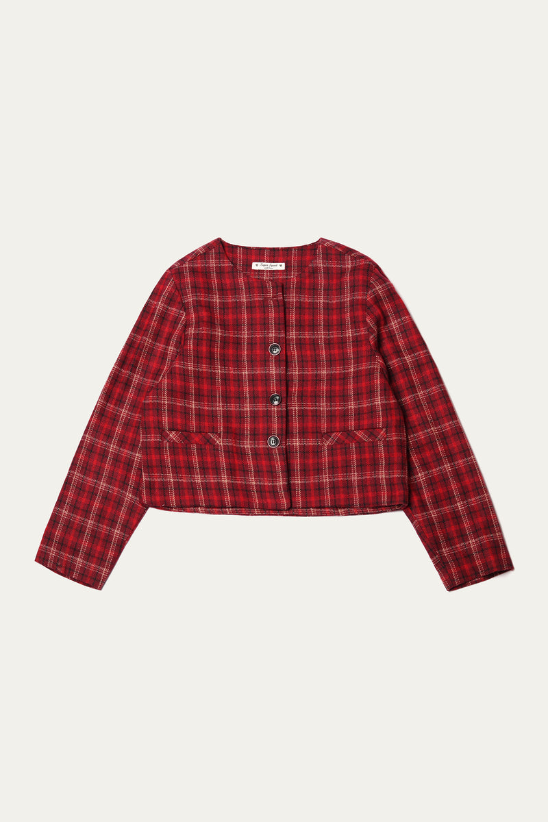 Cropped Coat With Welt Pockets - Soft Wool | Red &Amp; Black Check - Best Kids Clothing Brands In Pakistan Online|Minnie Minors
