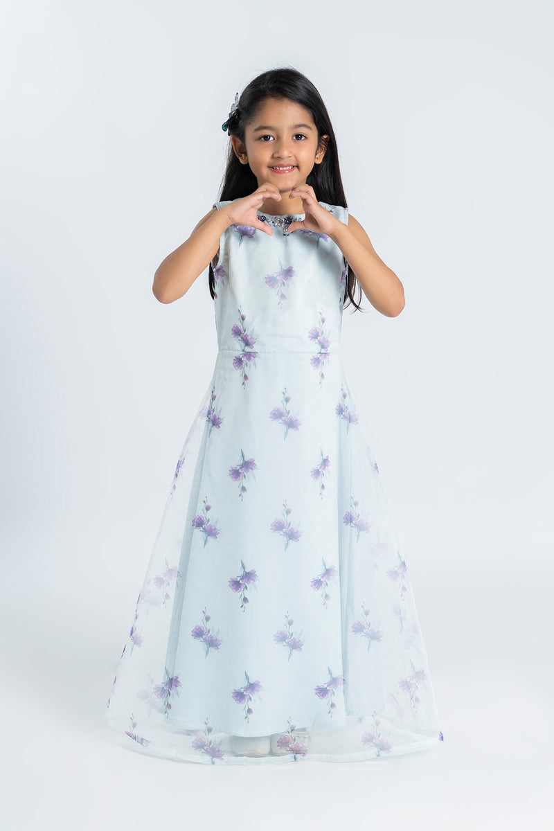 Embellished Gown - Soft Satin Silk | Light Blue - Best Kids Clothing Brands In Pakistan Online|Minnie Minors