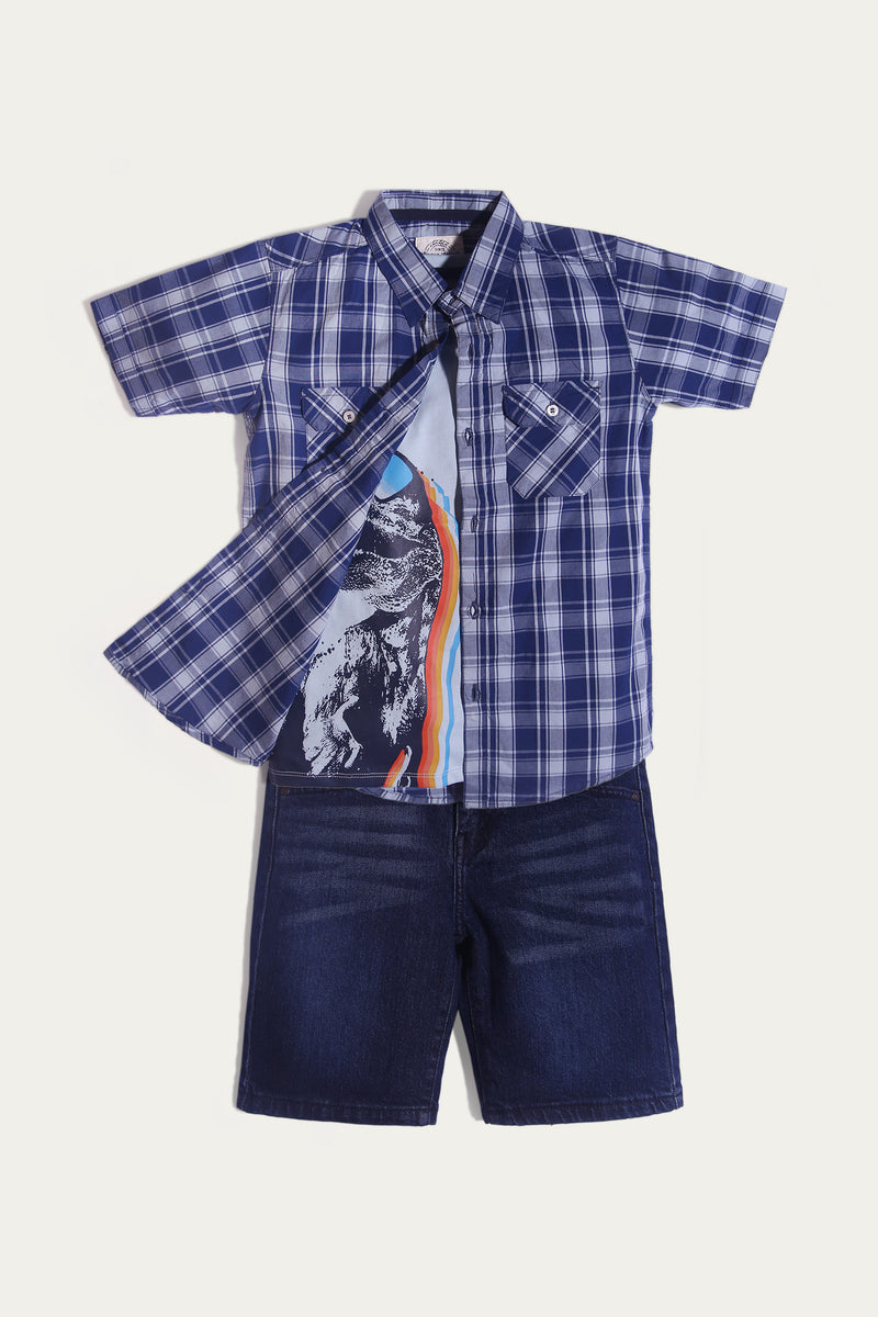Short Sleeve Checkered Shirt with Graphic t-shirt and Shorts (SST-135)