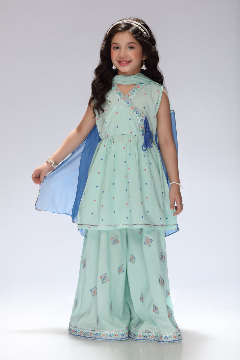Embroidered Kameez Gharara and Dupatta with Separate Sleeves (GSK-498)