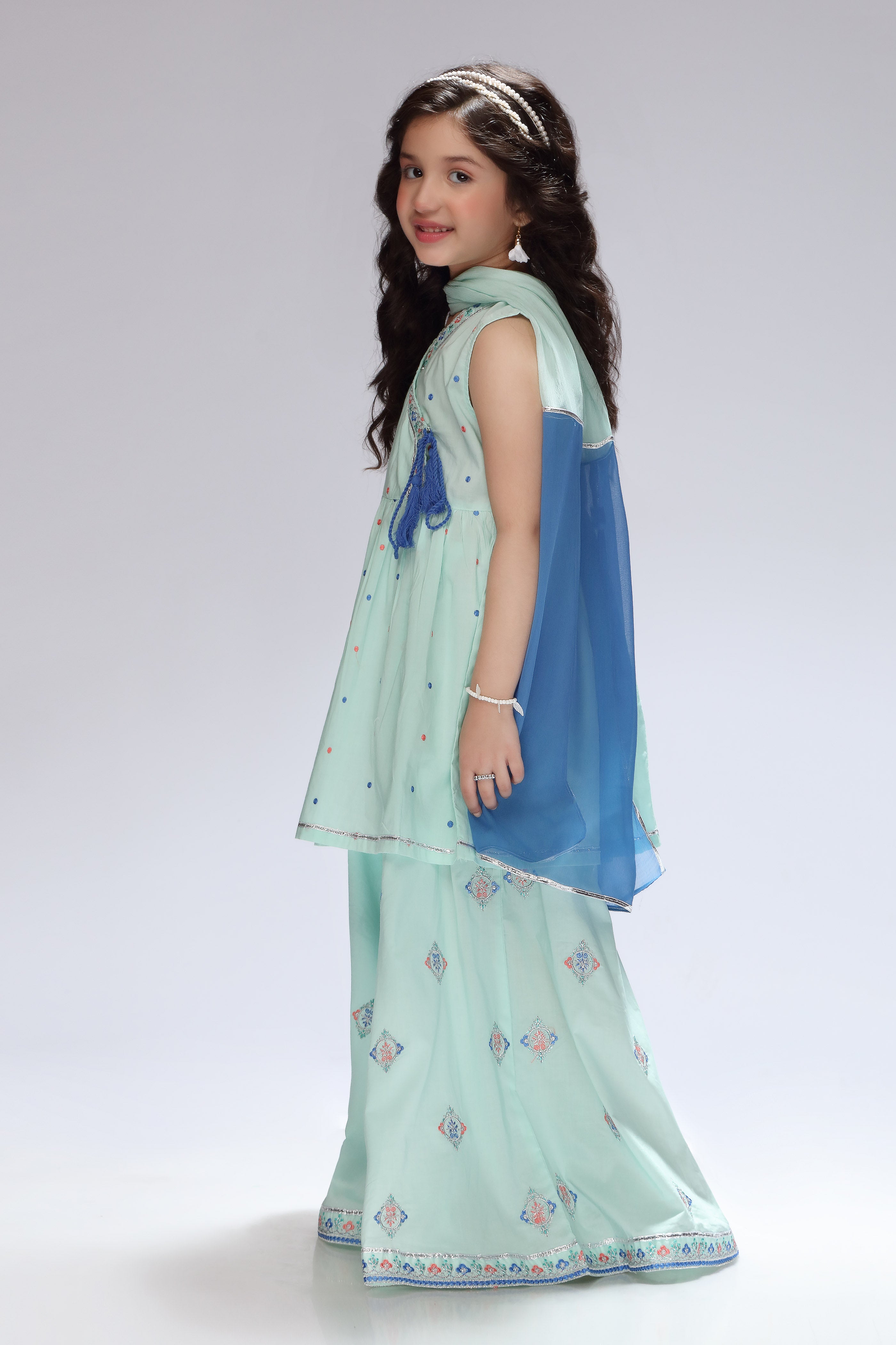 Embroidered Kameez Gharara and Dupatta with Separate Sleeves (GSK-498)