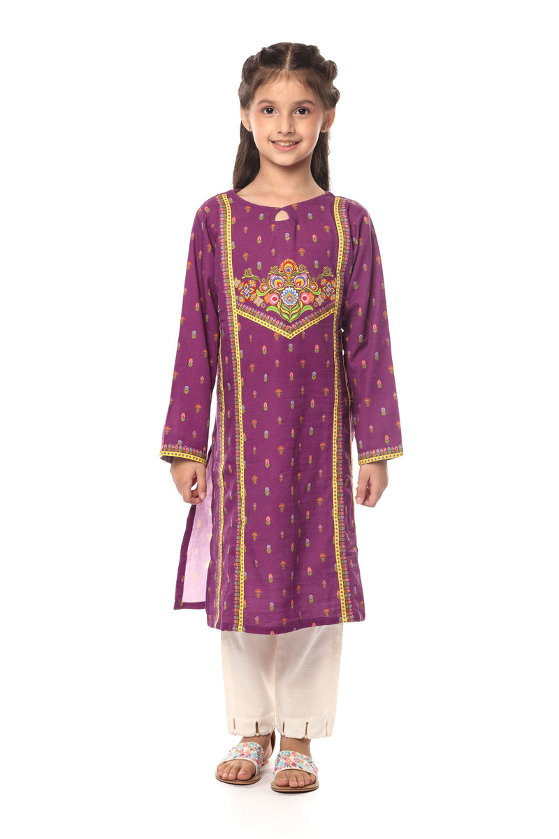Digital Printed Kurti - Soft Slub Khaddar | Purple - Best Kids Clothing Brands In Pakistan Online|Minnie Minors