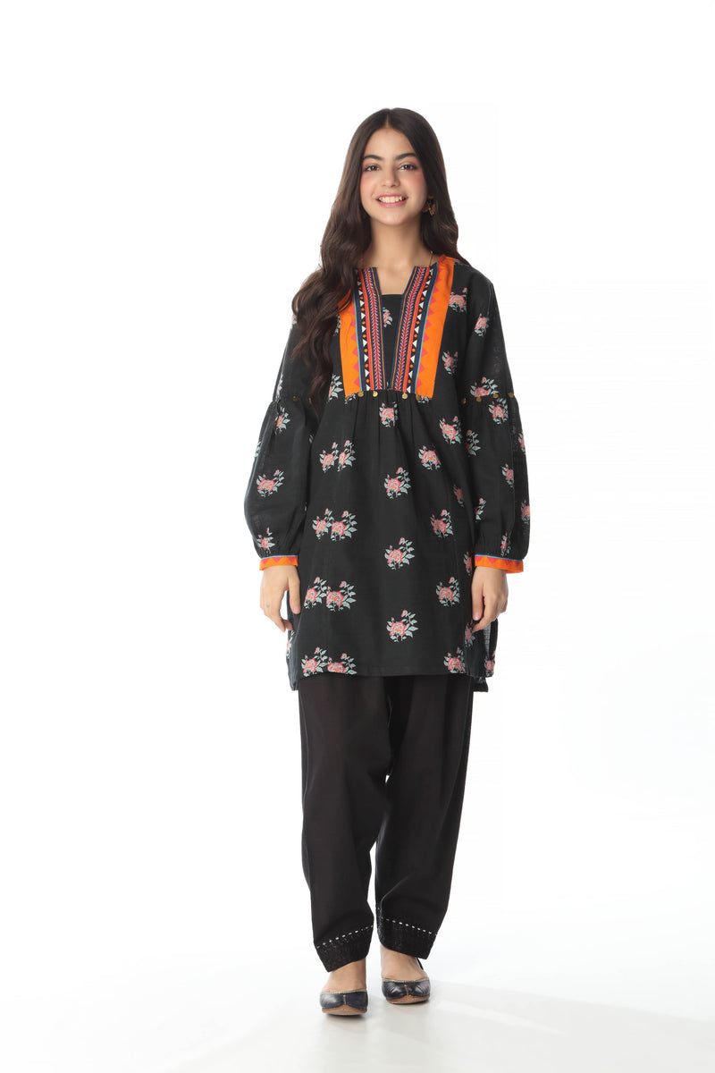 Digital Printed Kurti - Soft Slub Khaddar | Black - Best Kids Clothing Brands In Pakistan Online|Minnie Minors