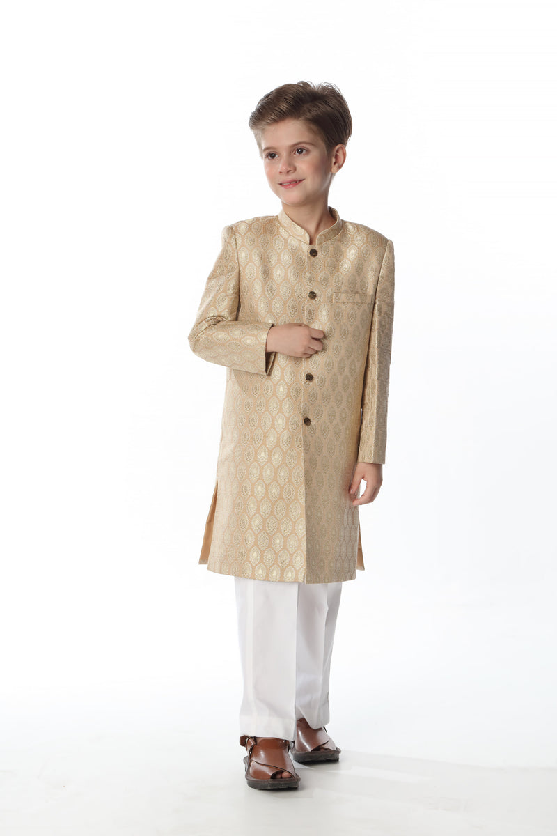 Sherwani - Soft Jamawar | Golden Beige - Best Kids Clothing Brands In Pakistan Online|Minnie Minors