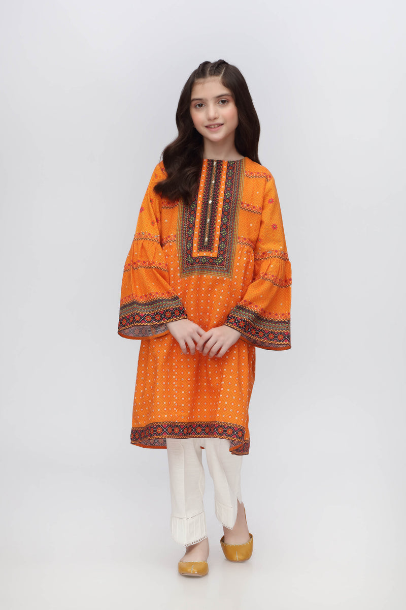 Digital Printed Embellished A-Line Kurti - Soft Printed Slub Khadder | Orange  - Best Kids Clothing Brands In Pakistan Online|Minnie Minors