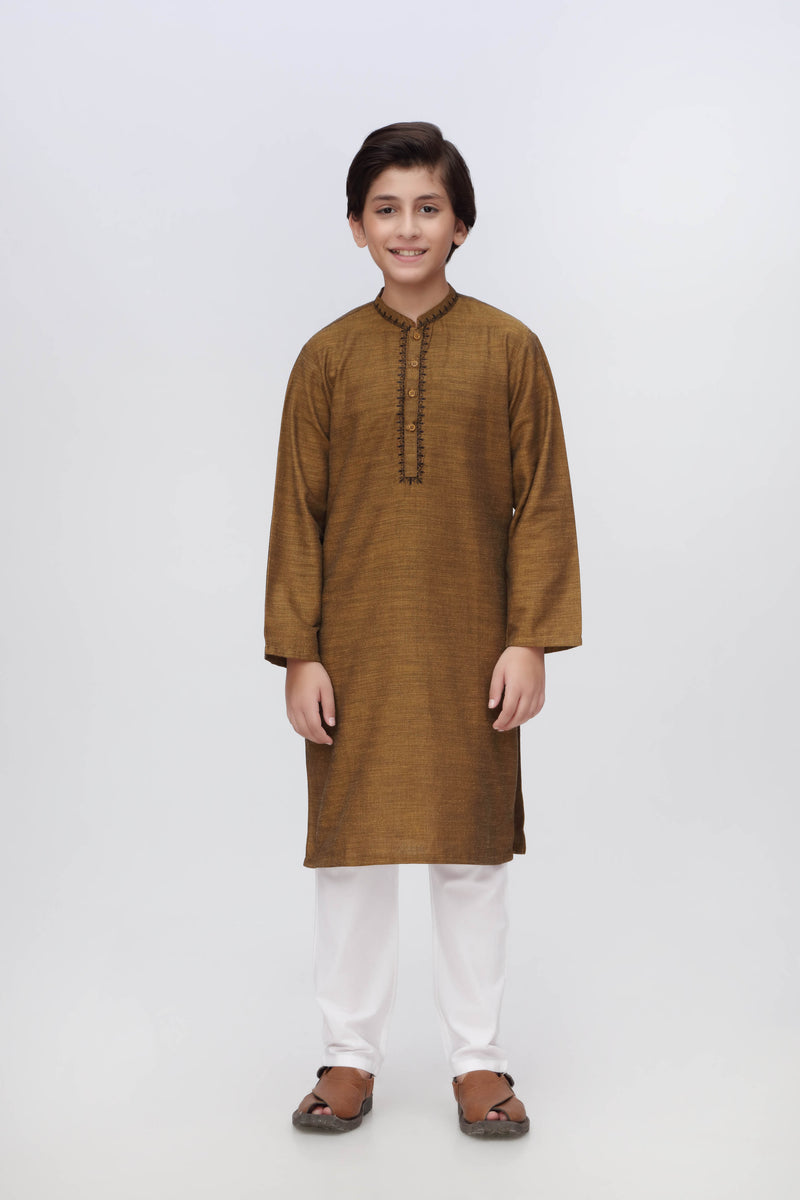 Embroidered Kurta - Soft Y/D Khaddar | Black &Amp; Mustard - Best Kids Clothing Brands In Pakistan Online|Minnie Minors