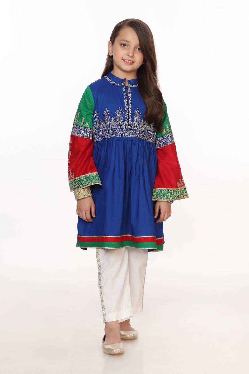 Embroidered Rangeen Kurti - Soft Zarri/Cambric | Blue - Best Kids Clothing Brands In Pakistan Online|Minnie Minors