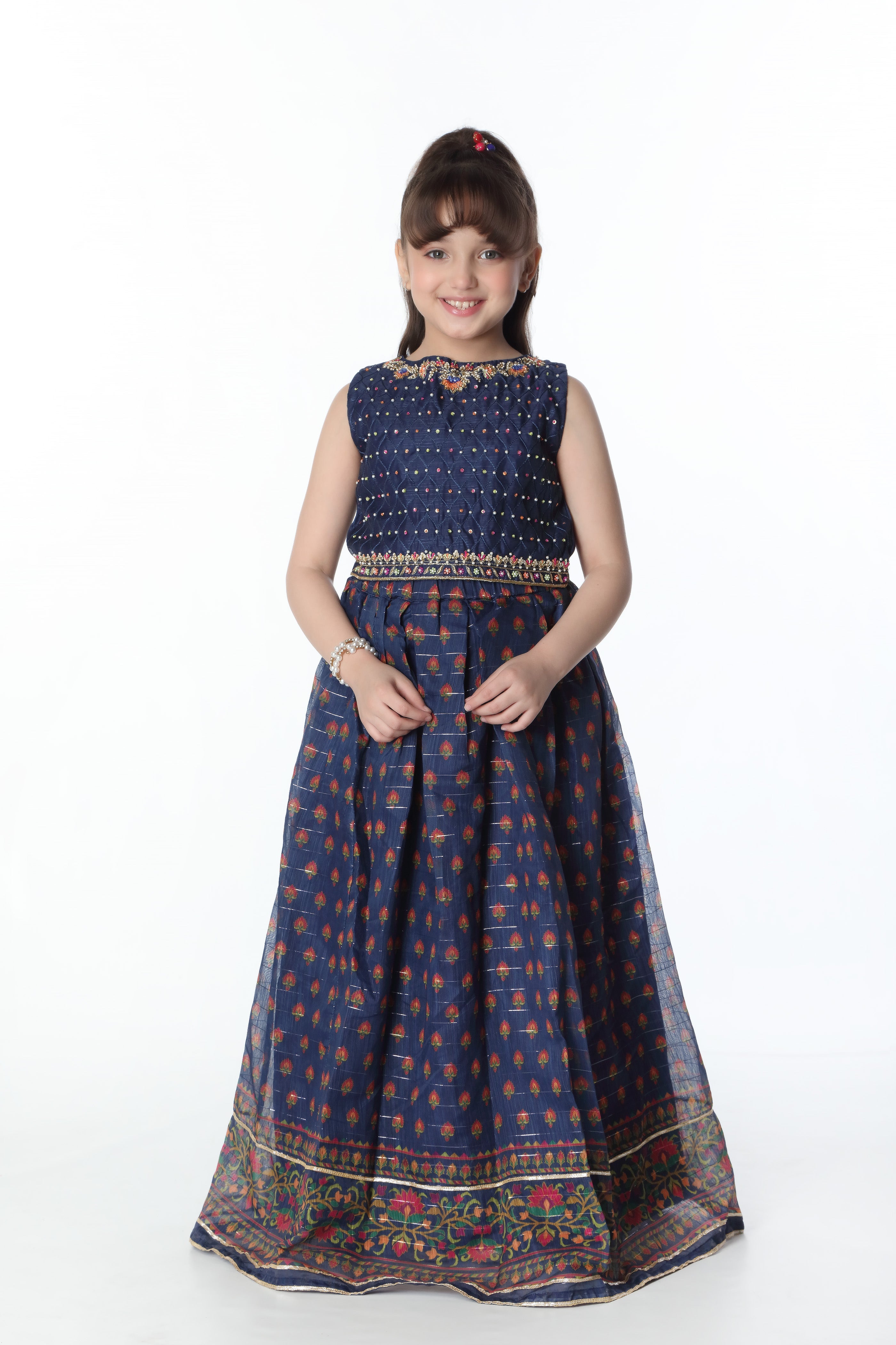 Embellished Top & Lehnga - Soft Slub Organza &Amp; Rasham Cotton | Navy - Best Kids Clothing Brands In Pakistan Online|Minnie Minors