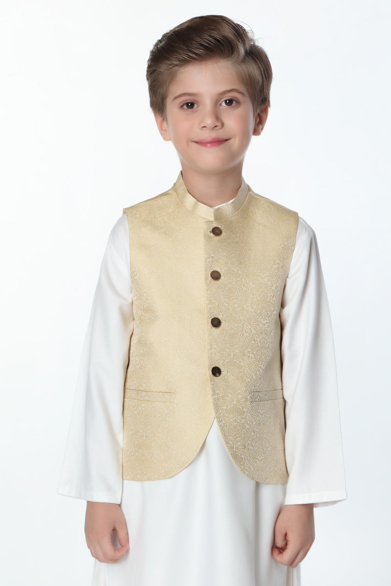 Waistcoat - Soft Jamawar | Beige - Best Kids Clothing Brands In Pakistan Online|Minnie Minors