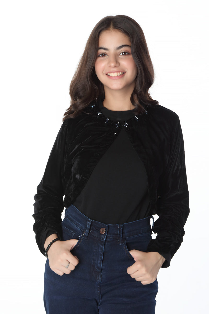 Embellished Shrug - Soft Velvet | Black - Best Kids Clothing Brands In Pakistan Online|Minnie Minors