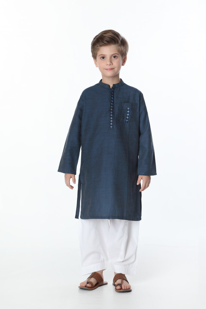 Kurta With Embroidery - Soft Y/Dyed Khaddar | Blue &Amp; Black - Best Kids Clothing Brands In Pakistan Online|Minnie Minors