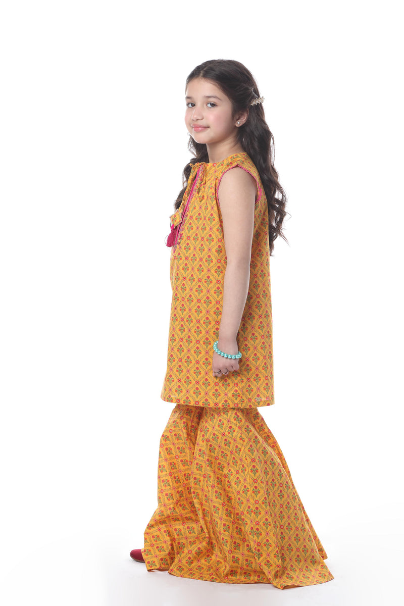 Digital Printed Embroidered Embellished Kurti With Flared Gharara (DGKS-117)
