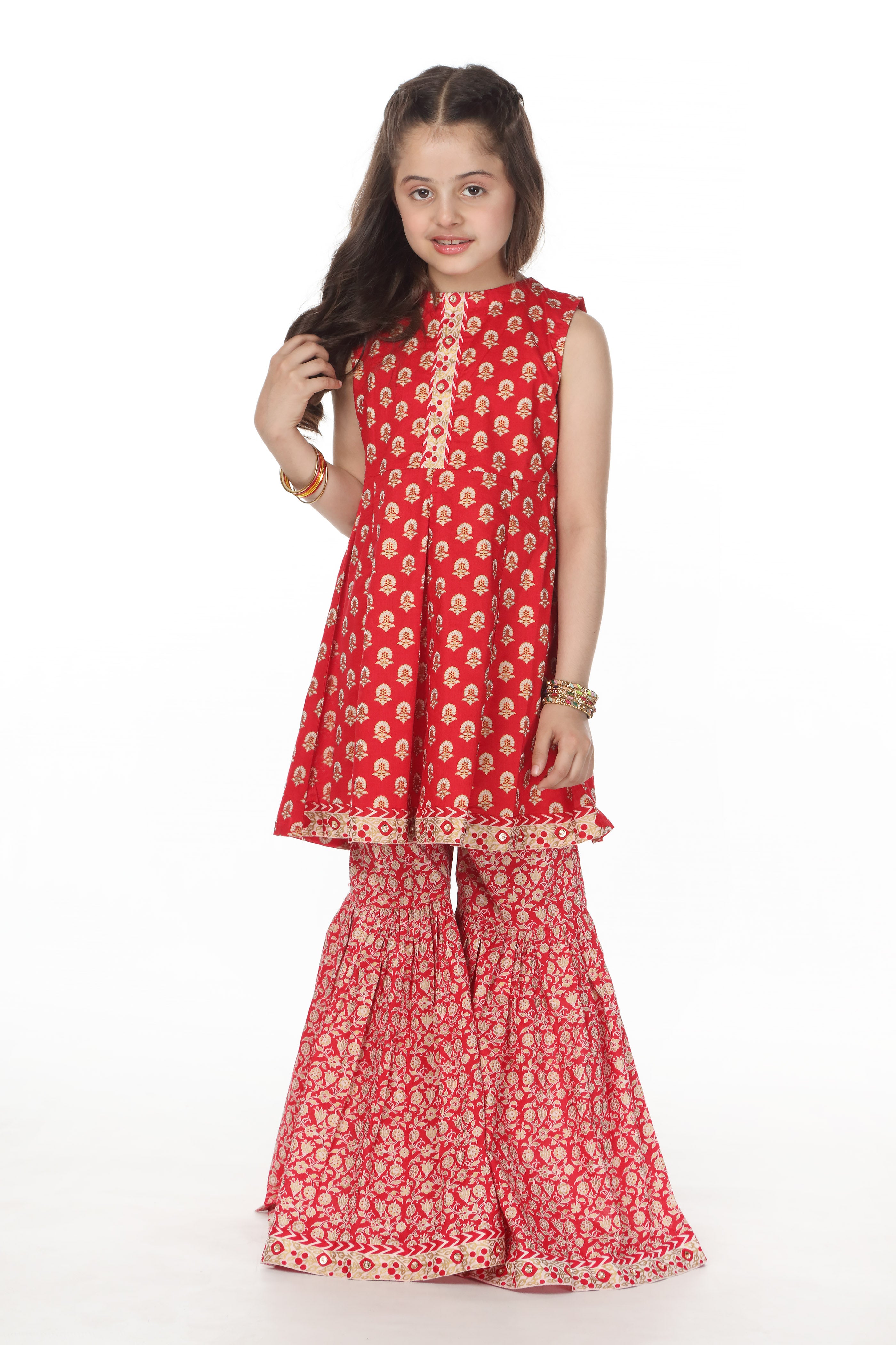 Printed Embellished Panelled Peplum Kurti with Gharara (DGKS-097)