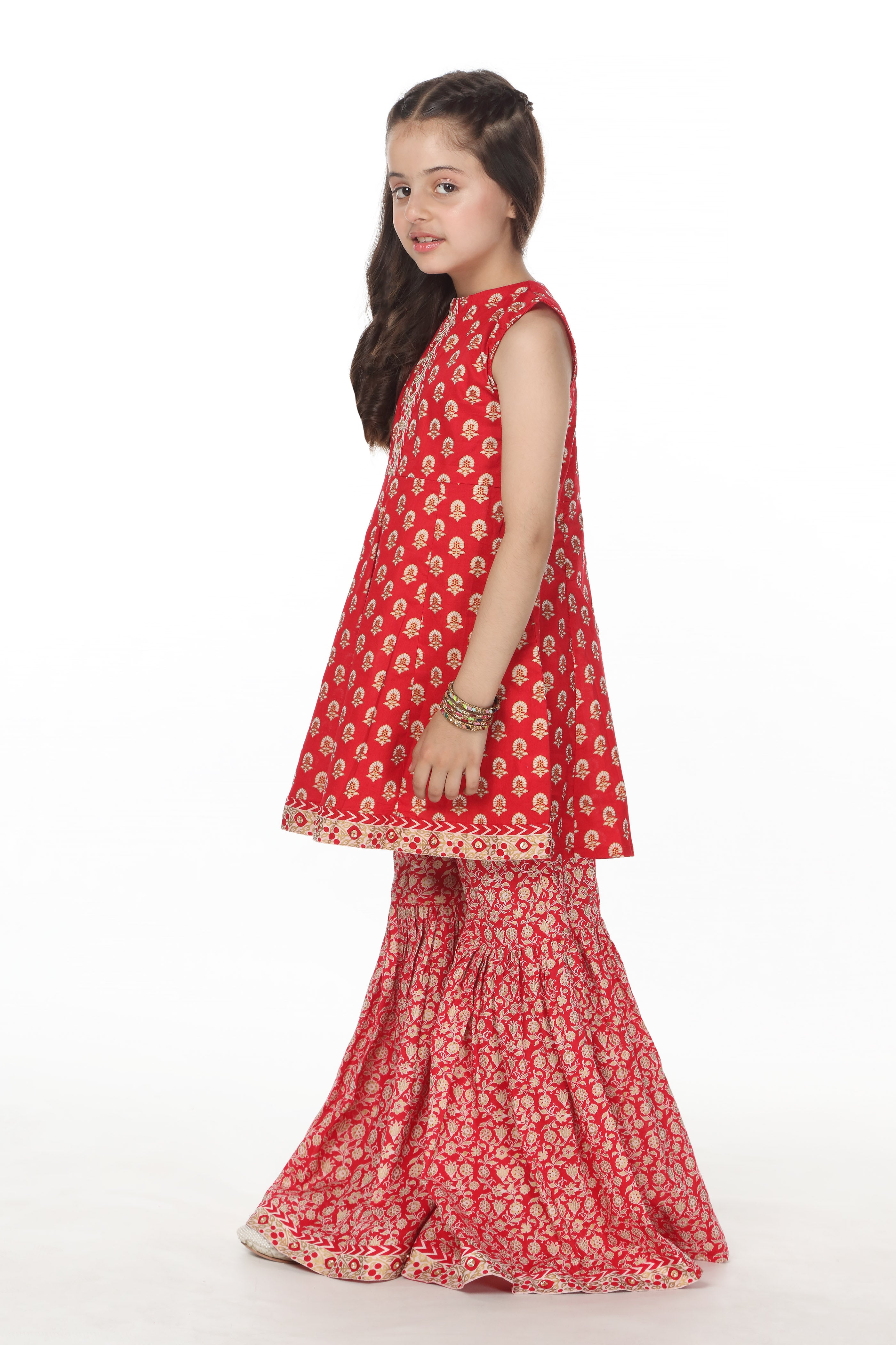 Printed Embellished Panelled Peplum Kurti with Gharara (DGKS-097)