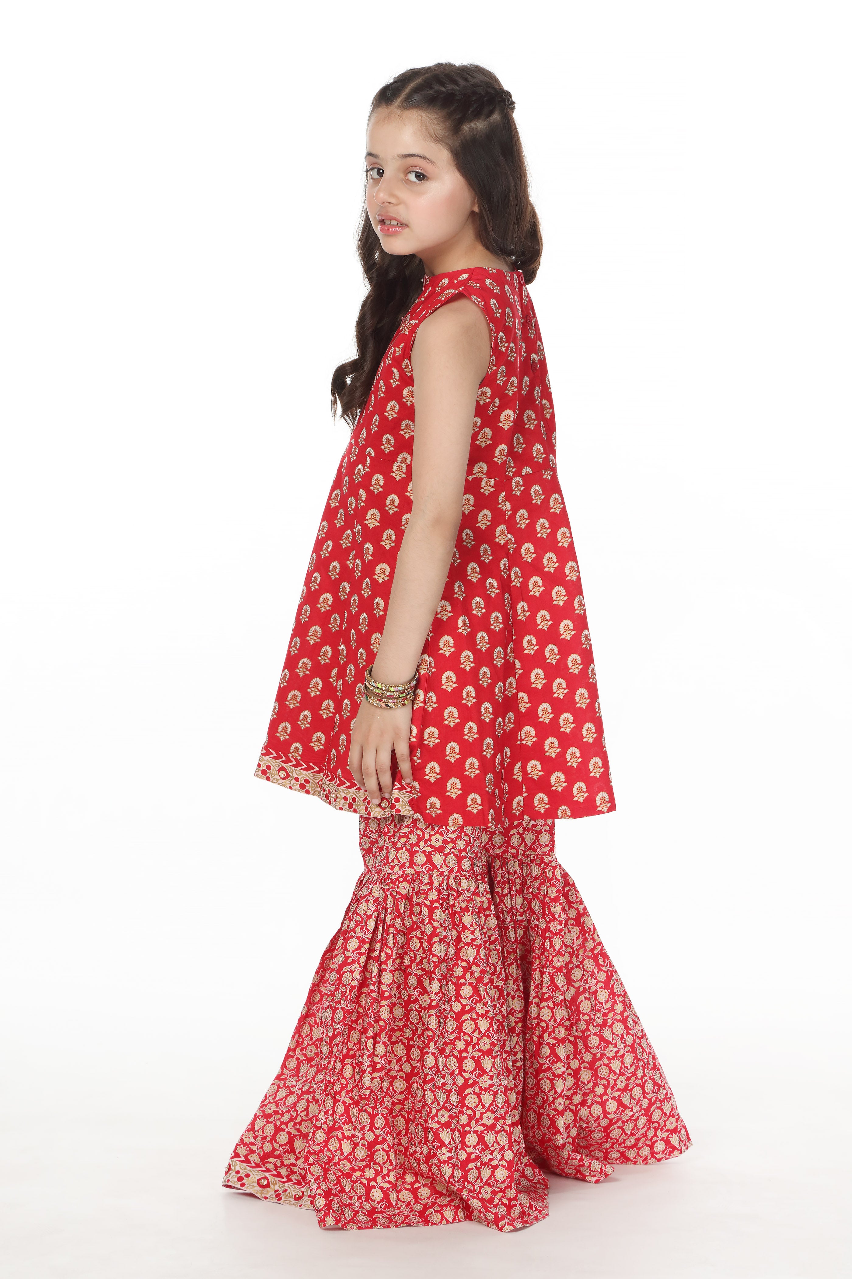 Printed Embellished Panelled Peplum Kurti with Gharara (DGKS-097)