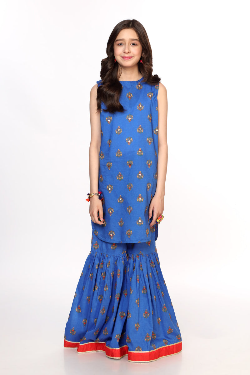 Digital Printed Embellished Kurti with Gharara & Separate Sleeve (DGKS-095)