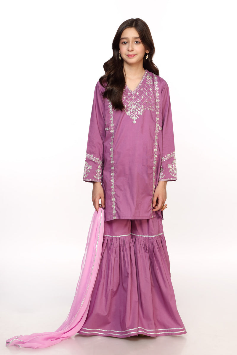 Embroidered Kameez, Gharara With Dupatta (GSK-493)